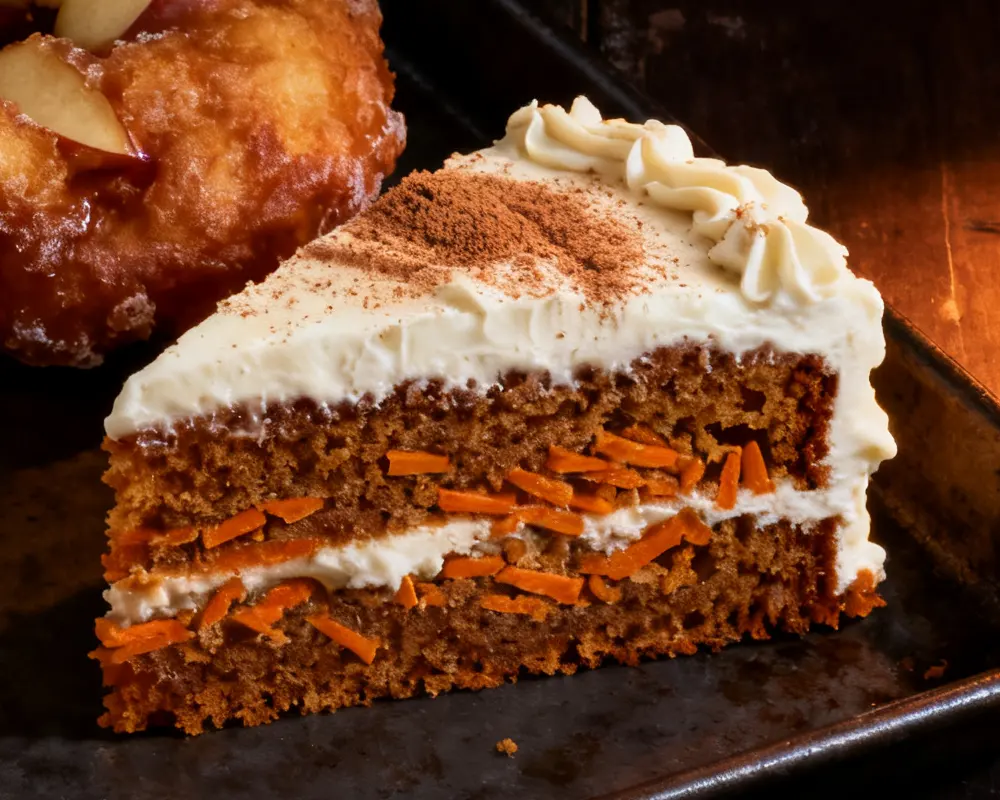 A slice of carrot cake with cream cheese frosting and cinnamon