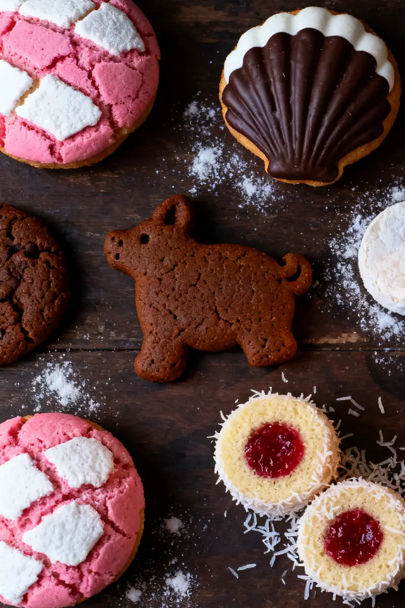 Strawberry and chocolate conchas with polvorones and a marranito