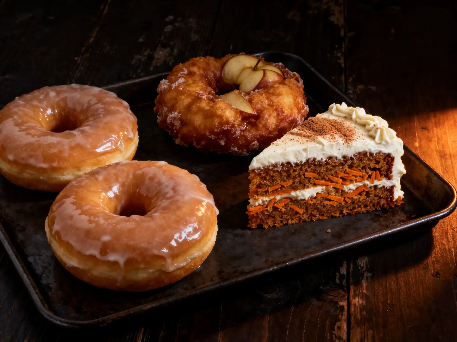 Glazed donuts, an apple fritter and a slice of carrot cake on a baking tray