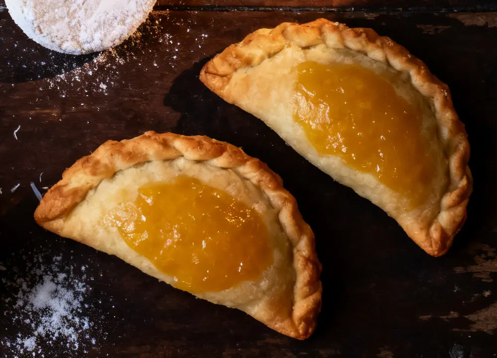 Two empanadas with a golden filling on dark wood