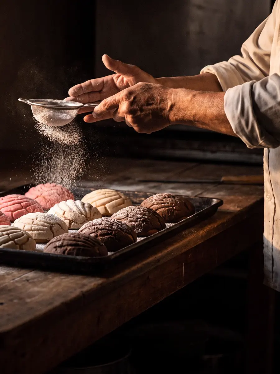 A baker's hands sifting powdered sugar over a tray of conchas