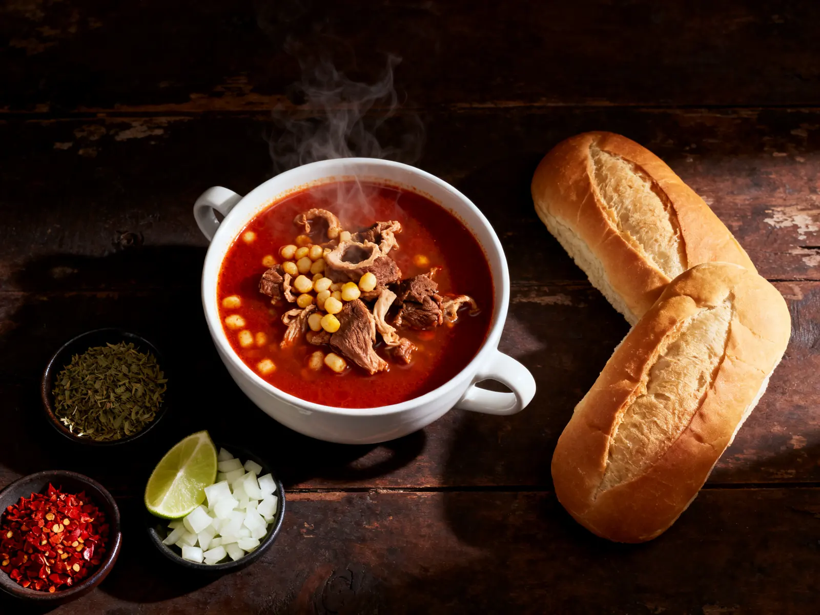 A bowl of red menudo with oregano, onion, lime, chile and two bolillos