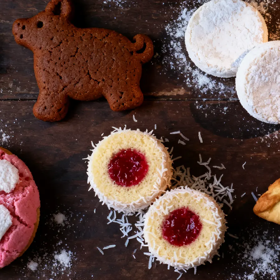 A marranito, polvorones and coconut yoyos with jam