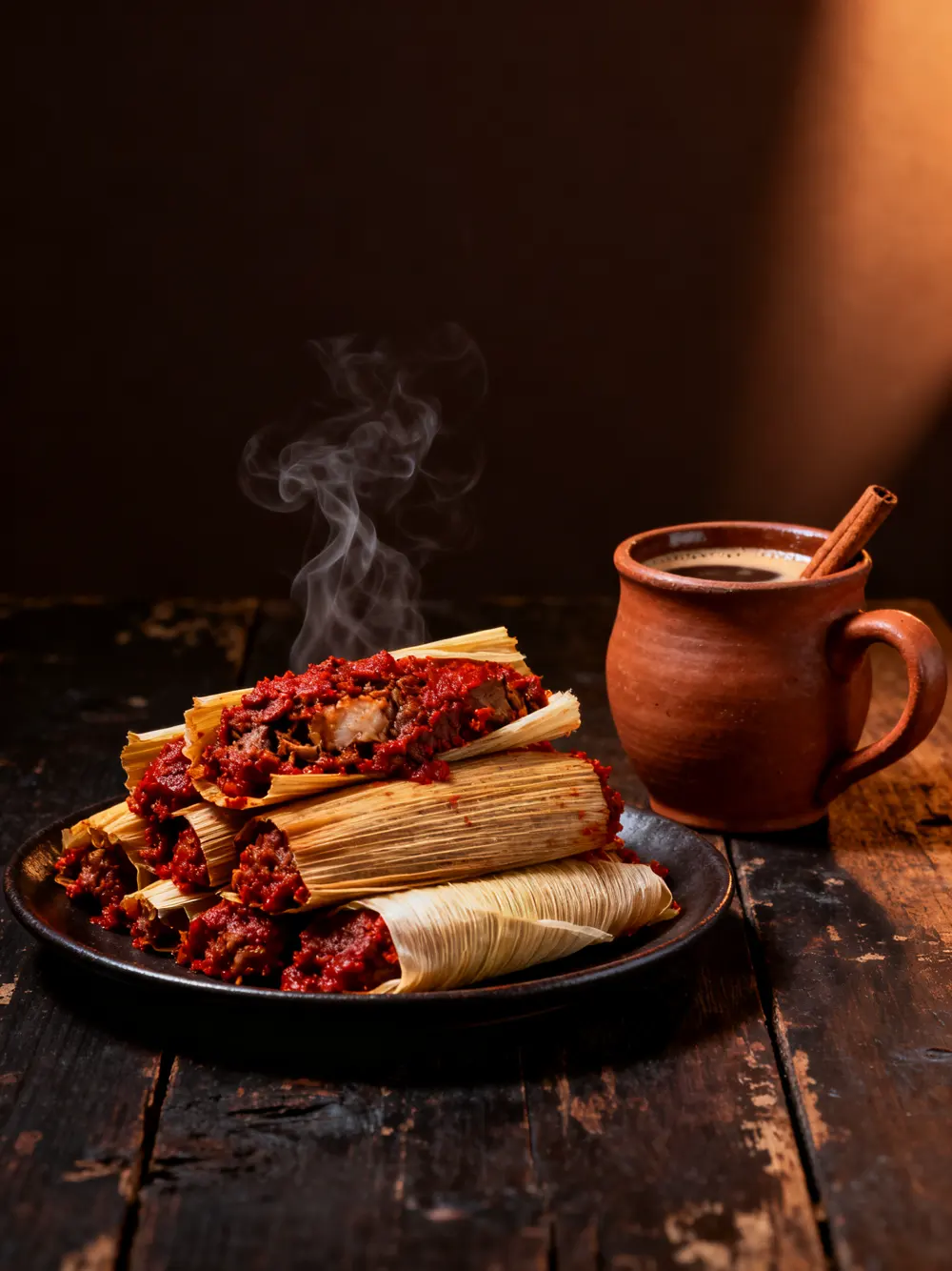 Red chile pork tamales in their husks, with a clay mug of café de olla